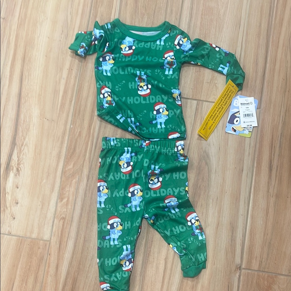 Green and White Pajama Set with Holiday Print Bluey